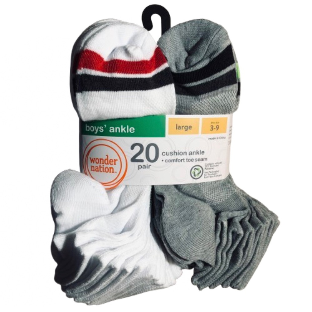 🔥$13🔥NEW WONDER NATION 20 PAIRS Ankle Socks, Size Large 3-9, Gray White Boys